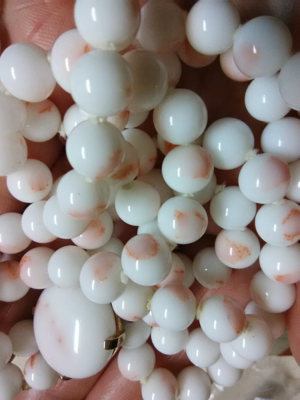 Castlecliff milk glass two strand necklace - white beads w/ pink / blush spots - Picture 8 of 14